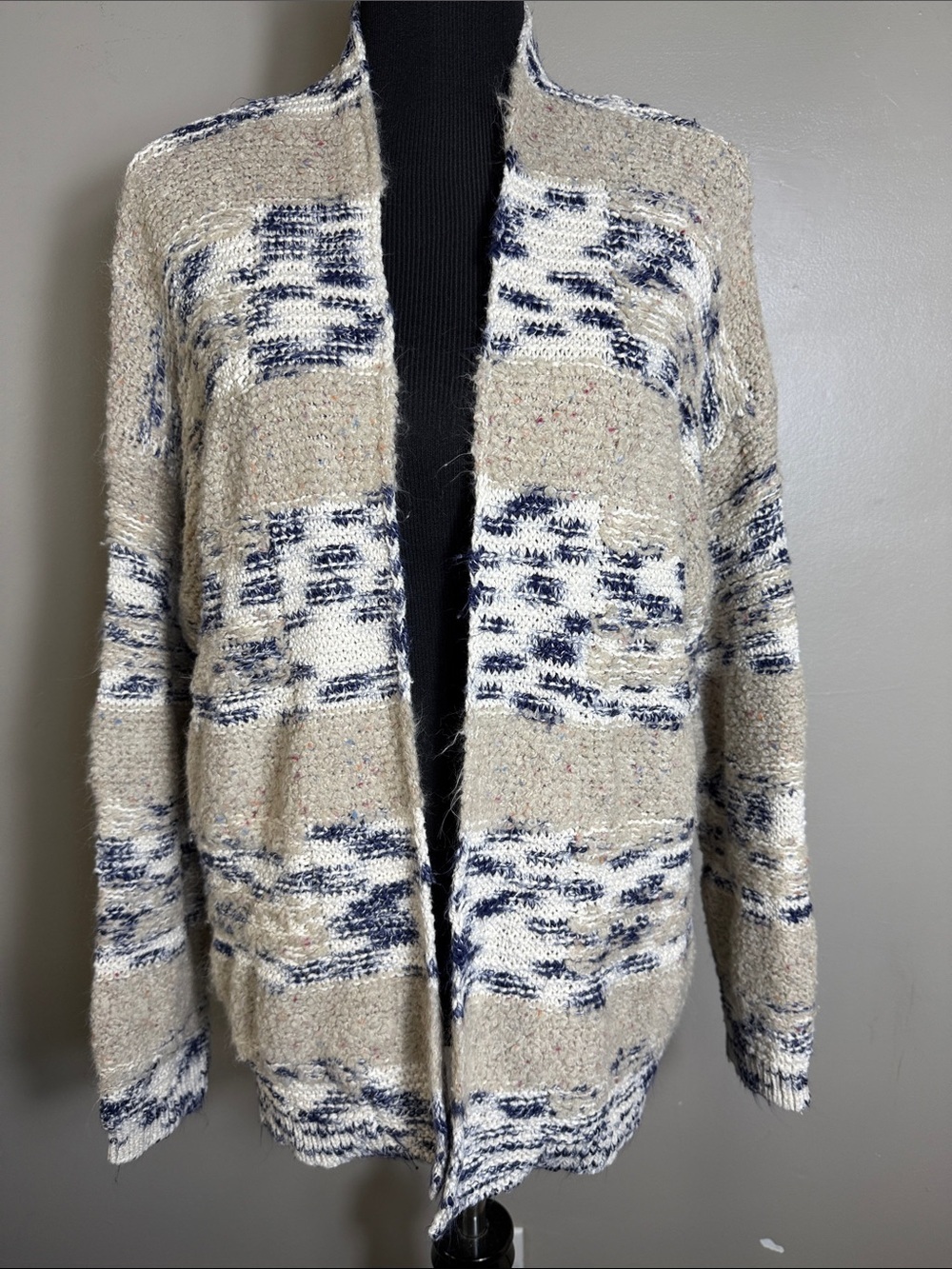 Est. 1946 Beige Navy Multi Open-Front Women's Sweater Cardigan Sz XL